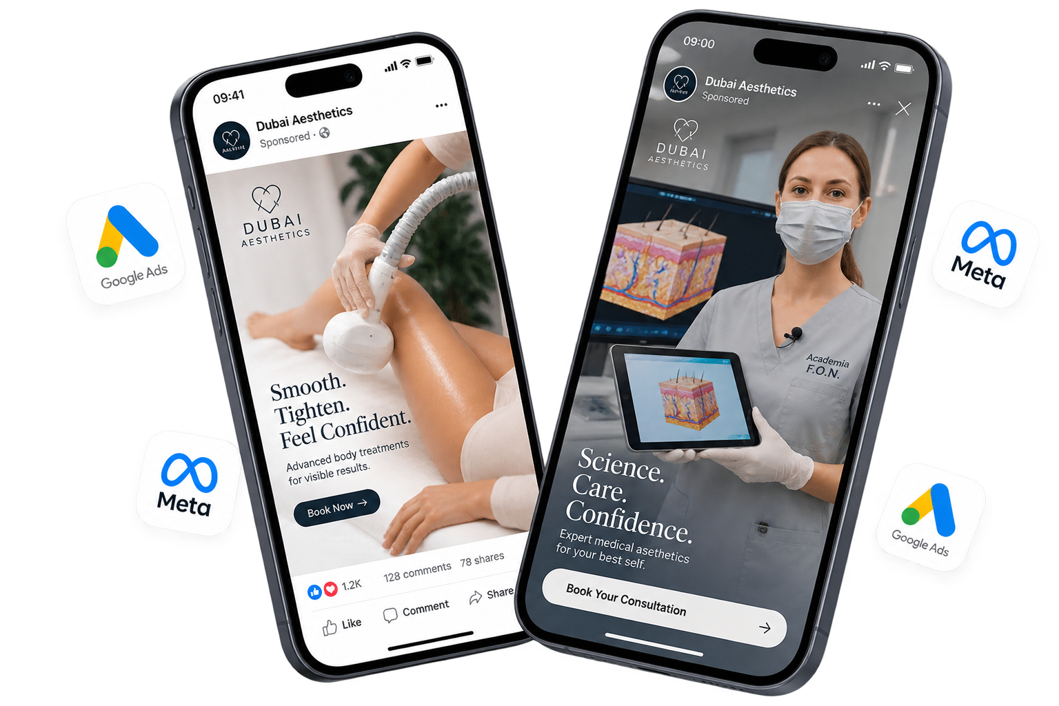 Concept ad executions shown in Meta and Google placements